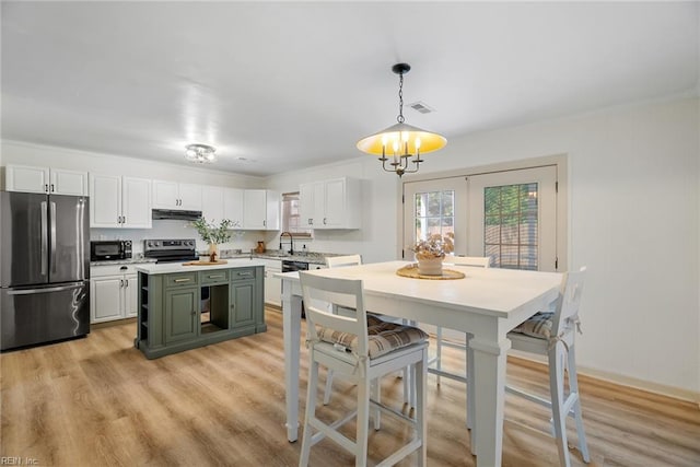 kitchen with a sink, under cabinet range hood, light countertops, green cabinetry, and appliances with stainless steel finishes