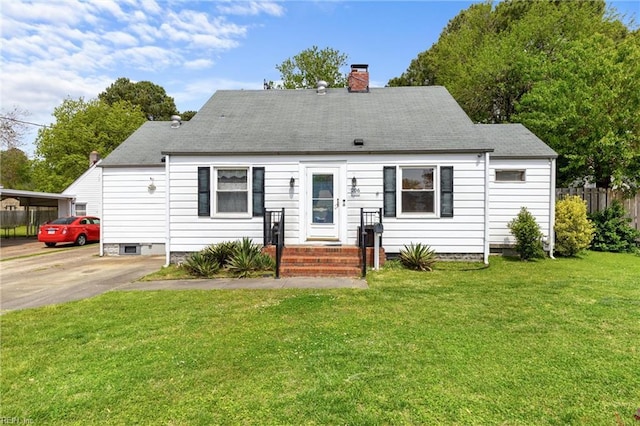 cape cod house featuring a chimney, fence, a shingled roof, and a front lawn