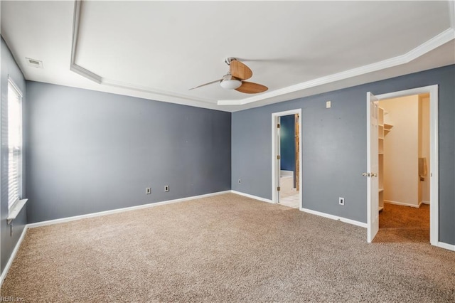 unfurnished bedroom with a tray ceiling, carpet flooring, baseboards, and a spacious closet