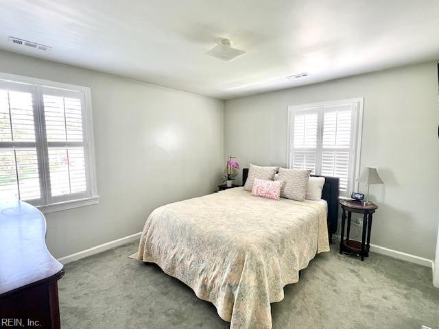 bedroom with visible vents, carpet, baseboards, and multiple windows