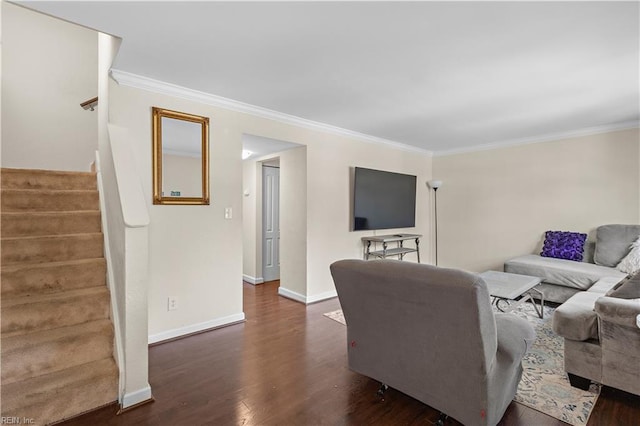 living room with stairway, ornamental molding, dark wood-style floors, and baseboards
