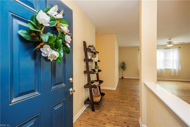 entrance foyer featuring baseboards, wood finished floors, and ceiling fan