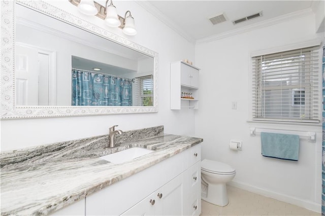 bathroom featuring visible vents, ornamental molding, toilet, and vanity