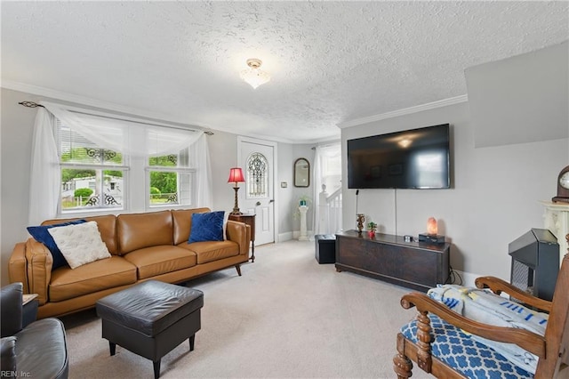 carpeted living room with a textured ceiling, crown molding, and baseboards