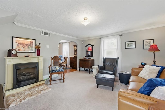 carpeted living area with a textured ceiling, visible vents, ornamental molding, and arched walkways