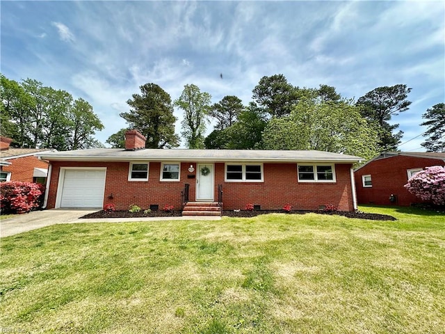 single story home with driveway, crawl space, an attached garage, and brick siding