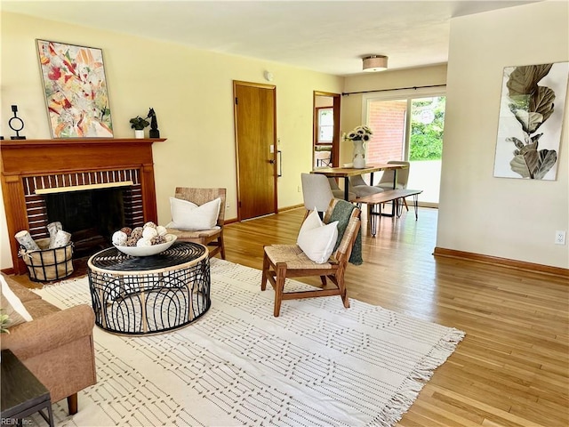 living area featuring baseboards, wood finished floors, and a fireplace
