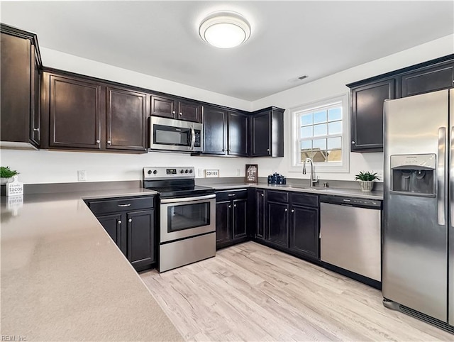 kitchen with appliances with stainless steel finishes, visible vents, light wood-style flooring, and a sink