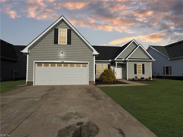 traditional-style house featuring concrete driveway, a front lawn, and a garage