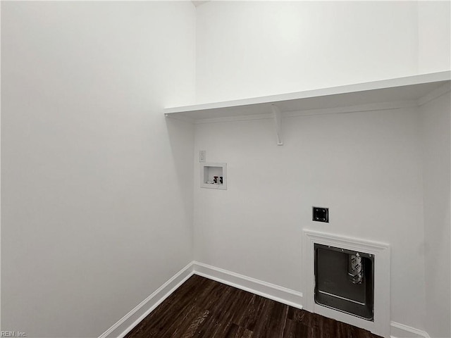 washroom featuring laundry area, hookup for an electric dryer, washer hookup, baseboards, and dark wood-type flooring