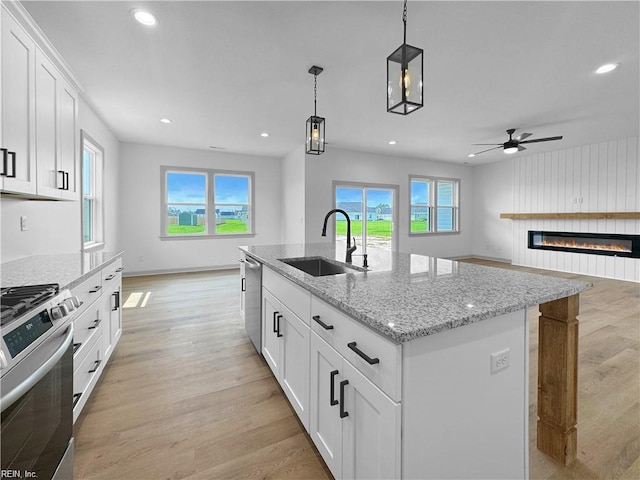 kitchen featuring ceiling fan, stainless steel appliances, light wood-type flooring, and a sink