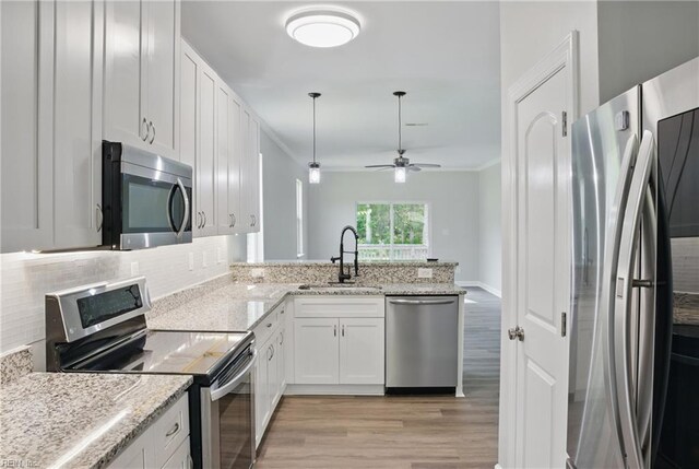 1612 Nansemond Pkwy, Suffolk, VA 23434 - kitchen with crown molding, light wood-style flooring, a sink, ceiling fan, and stainless steel appliances