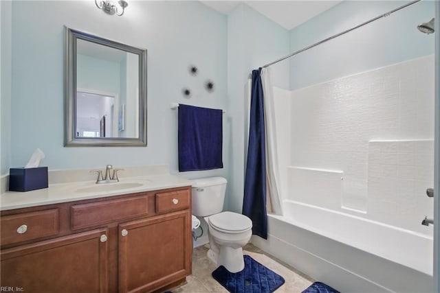 bathroom featuring vanity, shower / bathtub combination with curtain, tile patterned floors, and toilet