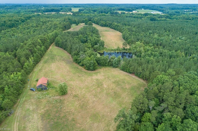 drone / aerial view with a rural view, a water view, and a forest view