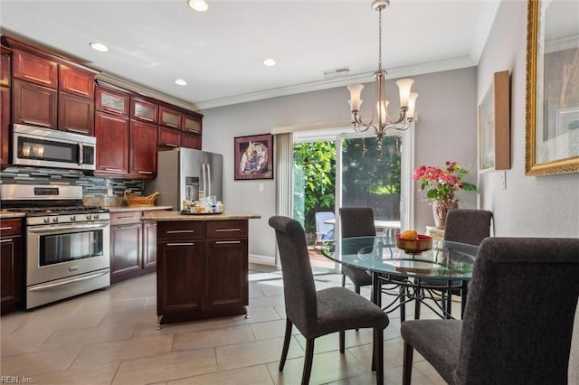 605 Maycox Ave, Norfolk, VA 23505 - kitchen featuring a chandelier, stainless steel appliances, tasteful backsplash, ornamental molding, and dark brown cabinets
