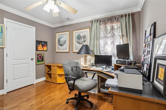 605 Maycox Ave, Norfolk, VA 23505 - office featuring ceiling fan, crown molding, visible vents, baseboards, and wood finished floors