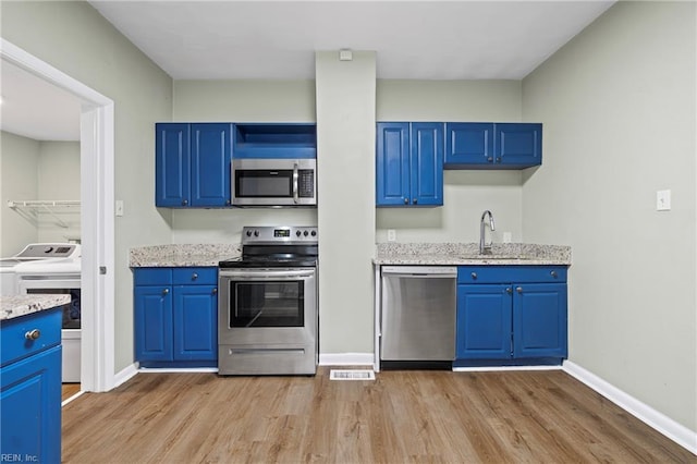 kitchen with blue cabinetry, stainless steel appliances, light wood finished floors, a sink, and visible vents