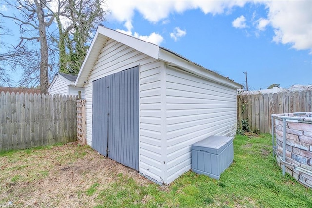 view of shed featuring a fenced backyard