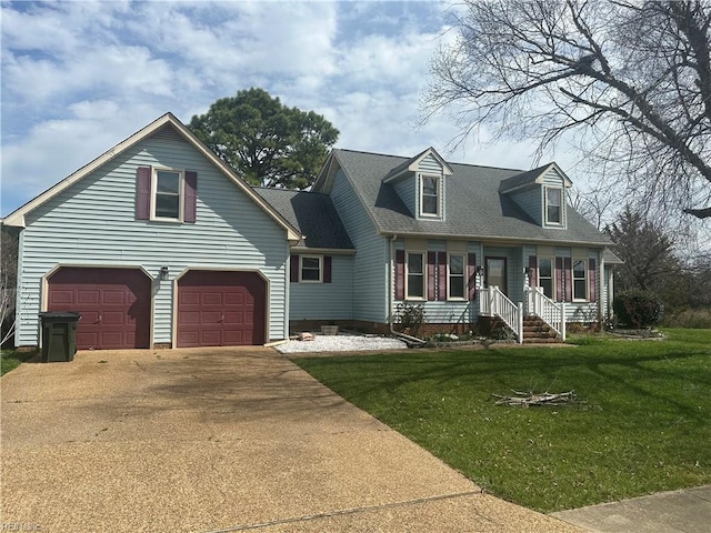cape cod house with roof with shingles, a front yard, concrete driveway, and an attached garage