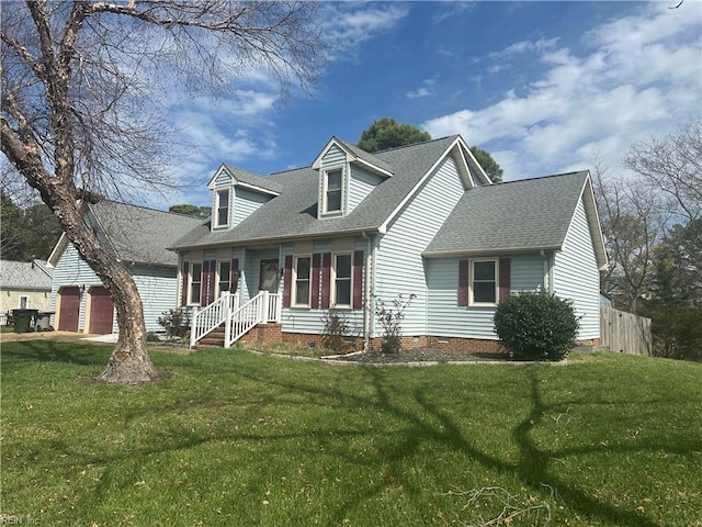 cape cod-style house with a garage, a front yard, a shingled roof, and crawl space