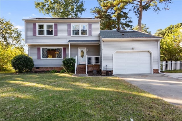 view of front of property featuring a garage, a front lawn, fence, crawl space, and driveway