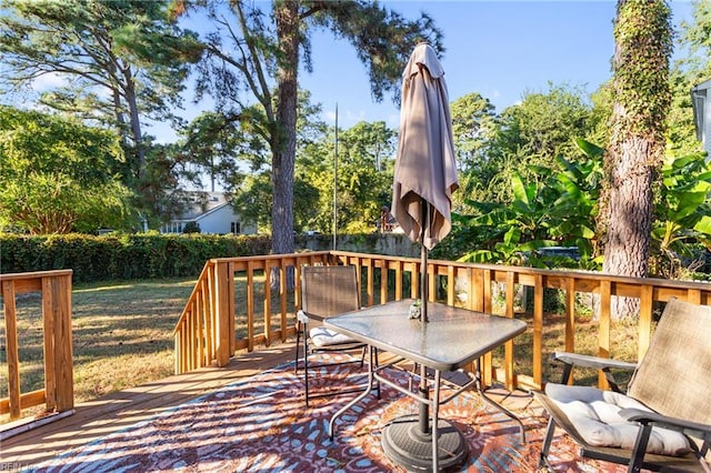 wooden deck with a fenced backyard and outdoor dining area