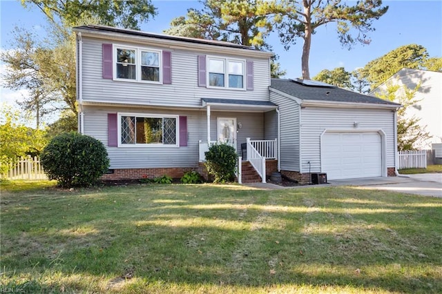 view of front of home with an attached garage, a front lawn, fence, and driveway