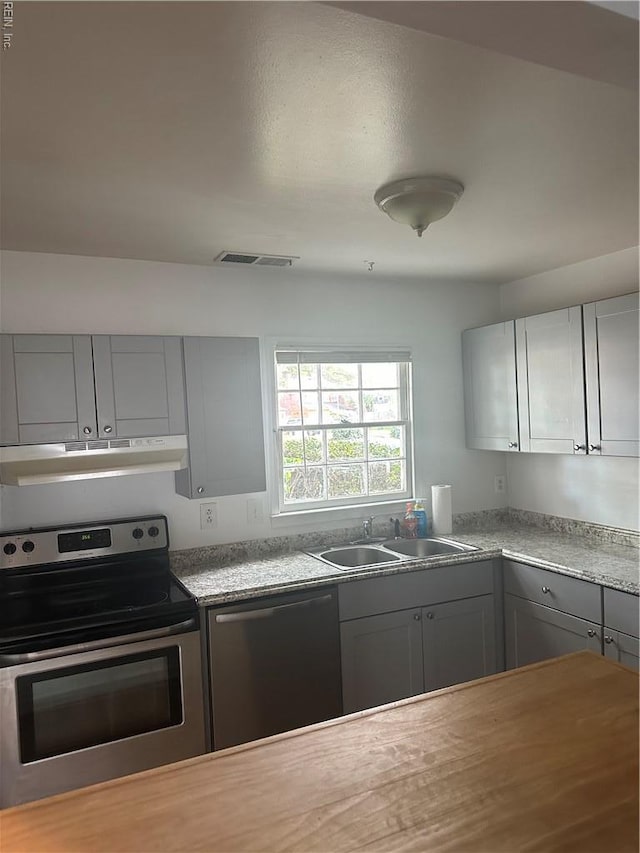 2226 Windom Pl, Virginia Beach, VA 23454 - kitchen with appliances with stainless steel finishes, under cabinet range hood, a sink, gray cabinetry, and light countertops