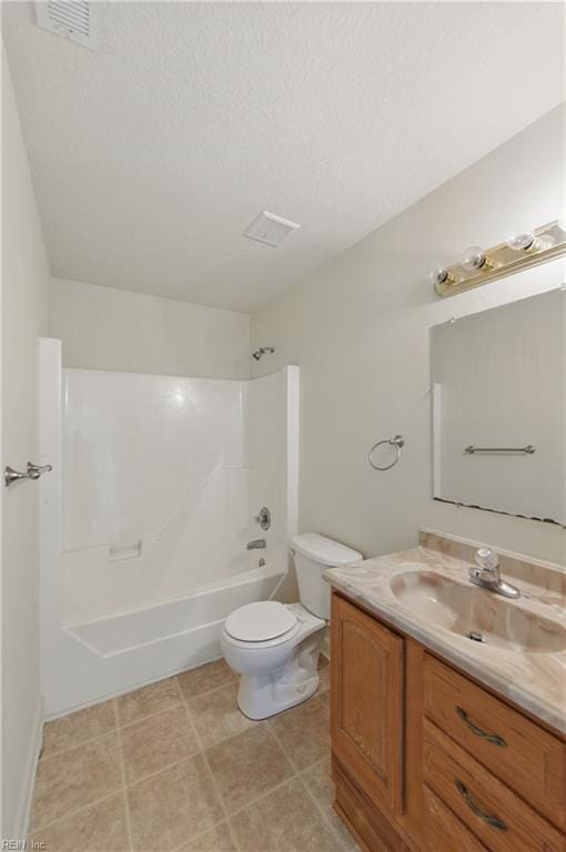 full bath with a textured ceiling, visible vents, toilet, shower / bathing tub combination, and vanity