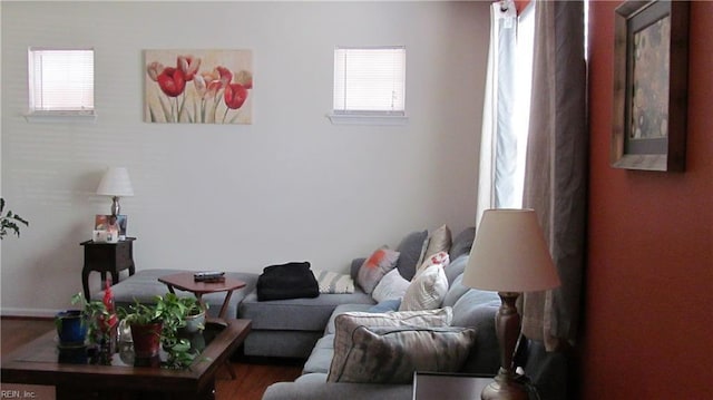 living area featuring wood finished floors and baseboards