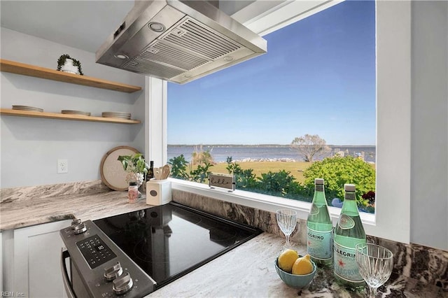 kitchen featuring open shelves, white cabinetry, range with electric cooktop, and extractor fan