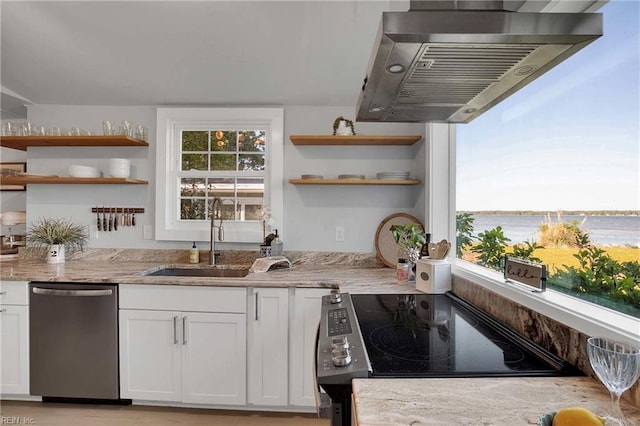kitchen with open shelves, extractor fan, electric range oven, a sink, and dishwasher