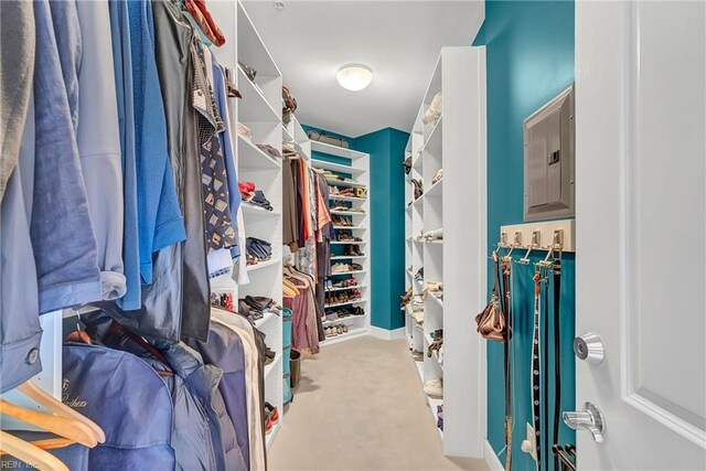 spacious closet with carpet floors and electric panel