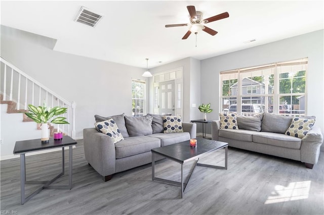 living room featuring a ceiling fan, visible vents, wood finished floors, and stairway