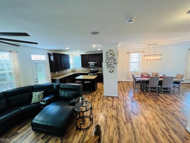 living room featuring ornamental molding, recessed lighting, and wood finished floors