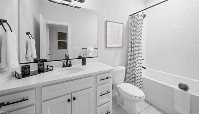 full bathroom with vanity, toilet, shower / bath combination with curtain, and tile patterned flooring