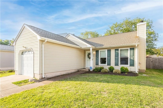 single story home featuring a front lawn, fence, a chimney, an attached garage, and driveway