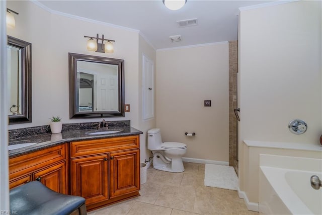 full bath featuring a bath, crown molding, a sink, tile patterned floors, and toilet