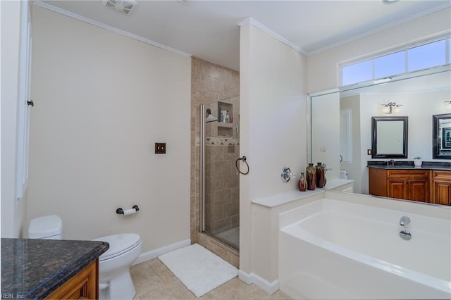 full bath featuring vanity, a bath, toilet, and a shower stall