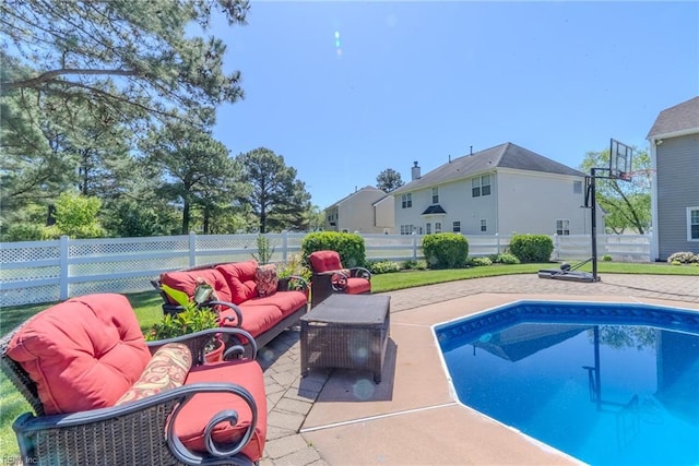 view of swimming pool with a fenced in pool, a fenced backyard, a patio area, and outdoor lounge area