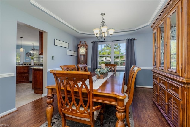 dining room featuring baseboards, an inviting chandelier, wood finished floors, and a raised ceiling