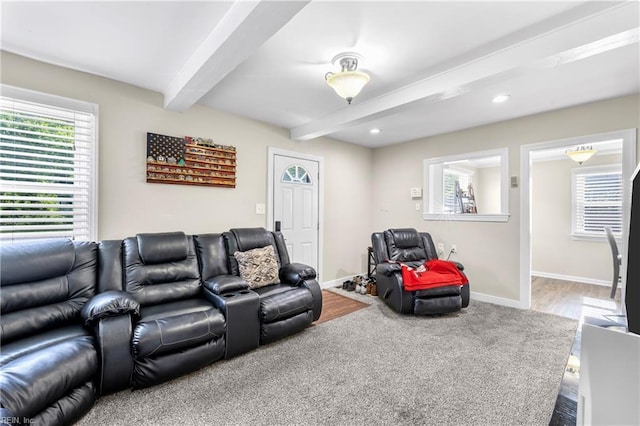 living area with baseboards, a wealth of natural light, beam ceiling, and wood finished floors