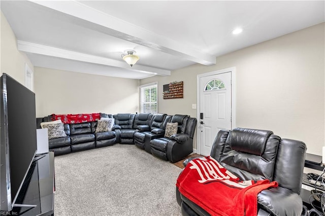 living area featuring recessed lighting and beam ceiling