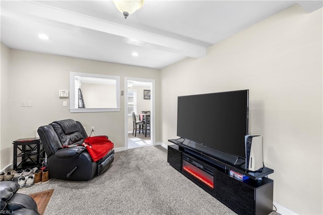 living room with baseboards, recessed lighting, carpet floors, and beam ceiling