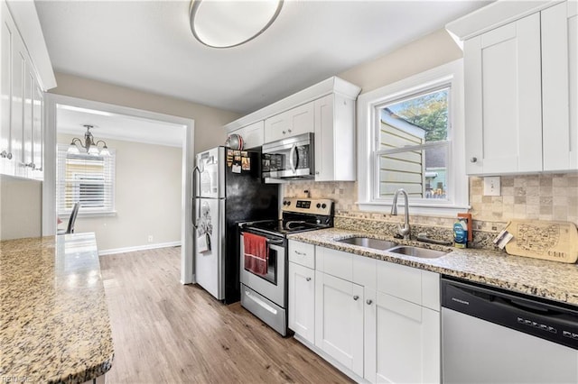 kitchen with light stone counters, a sink, stainless steel appliances, white cabinetry, and backsplash