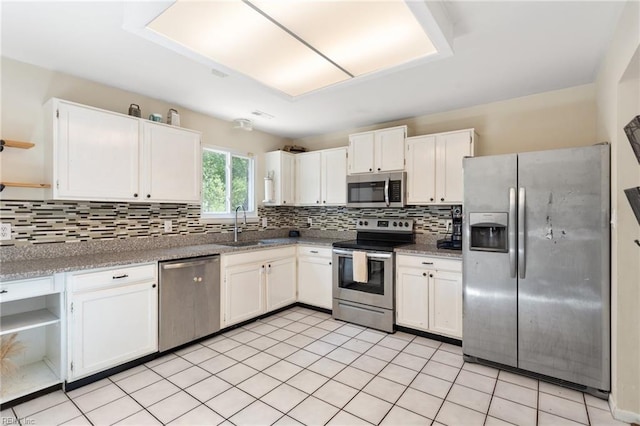 kitchen featuring stainless steel appliances, open shelves, white cabinetry, and a sink