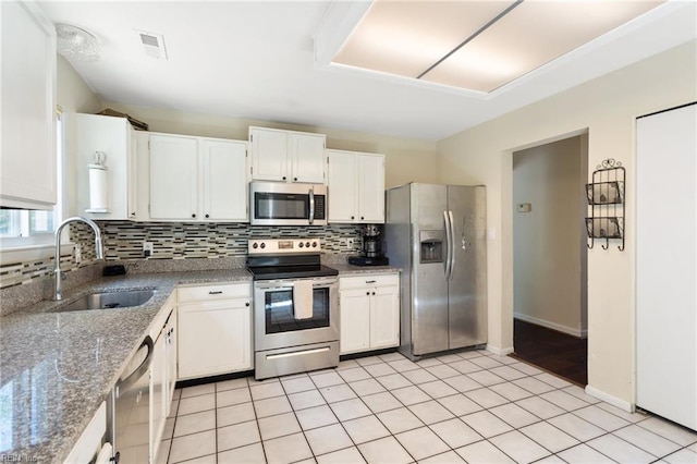 kitchen featuring backsplash, visible vents, a sink, white cabinets, and stainless steel appliances