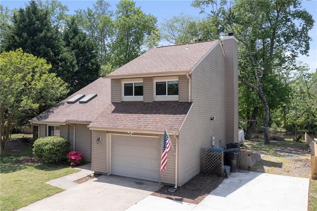 view of front facade with a garage, a shingled roof, driveway, and a chimney