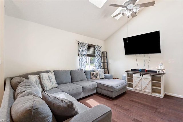 living room featuring baseboards, a ceiling fan, high vaulted ceiling, and wood finished floors
