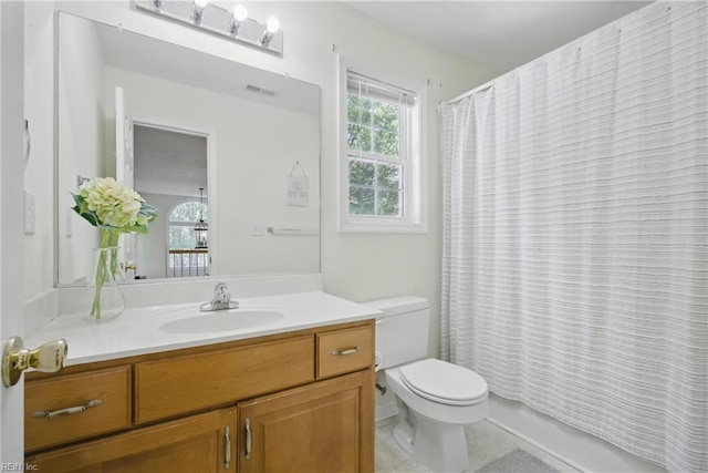 408 Leffler Ln, Virginia Beach, VA 23452 - full bathroom featuring shower / bath combo, visible vents, toilet, tile patterned floors, and vanity